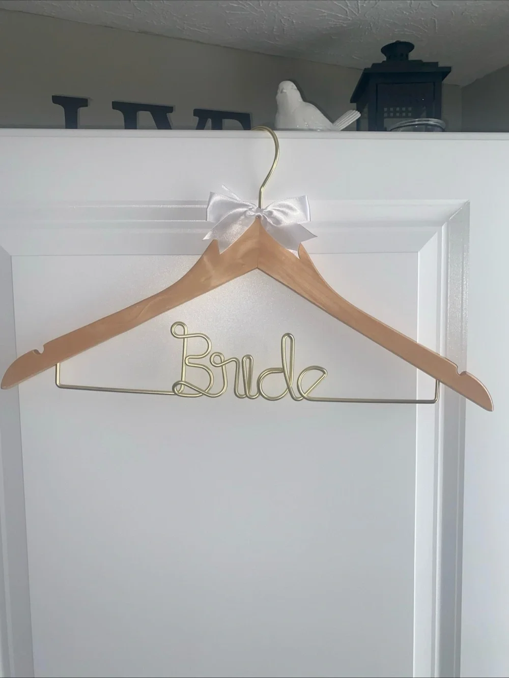 Bride Wedding Day Dress Hanger Wooden Gold metal White bow